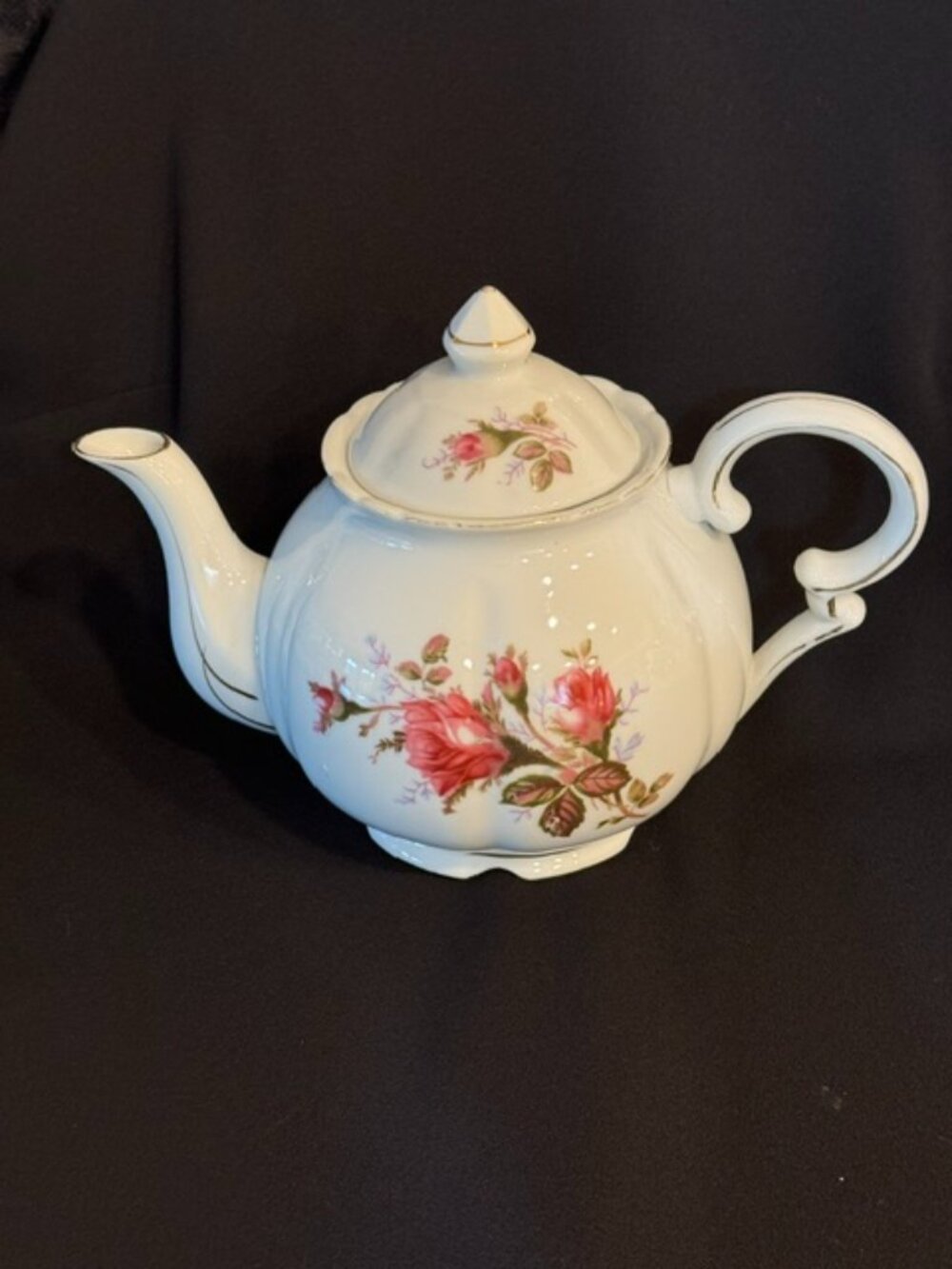 Vintage Porcelain Teapot with Pink Rose Floral pattern and gold trim